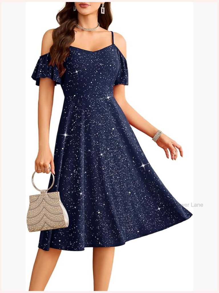 Sequined Sparkly Prom Midi Dress Off Shoulder A-Line Sequin Cocktail Party